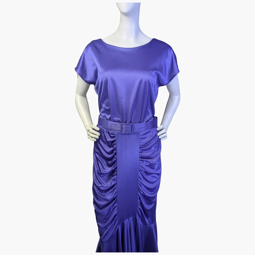 Vintage 1980s Purple Ruched Belted Midi Dress | Made in Canada | Size Medium - Picture 2 of 8